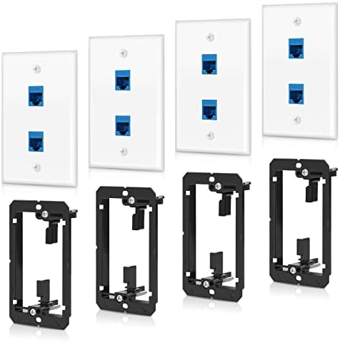 4 Pack Ethernet Wall Plate 2 Port Keystone Jack Blue Cat6 RJ45 Coupler Outlet Connector with Single Gang Low Voltage Mounting Bracket, White
