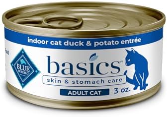 Blue Buffalo Basics Grain-Free Wet Cat Food, Skin & Stomach Care, Limited Ingredient Diet for Indoor Cats, Duck & Potato Entrée, 3-oz Cans (24 Count)