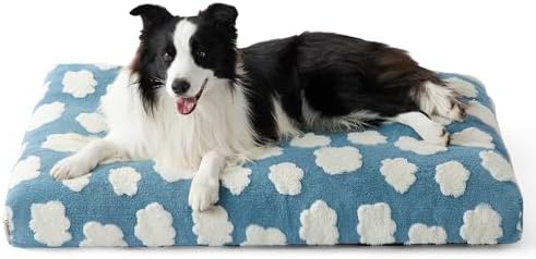 Lesure Dog Beds Large Sized-Thick Shredded Chopped Foam Pet Bed Indoor with Removable Cover, Cute Modern Fuzzy Plush & Anti Slip Bottom, Blue