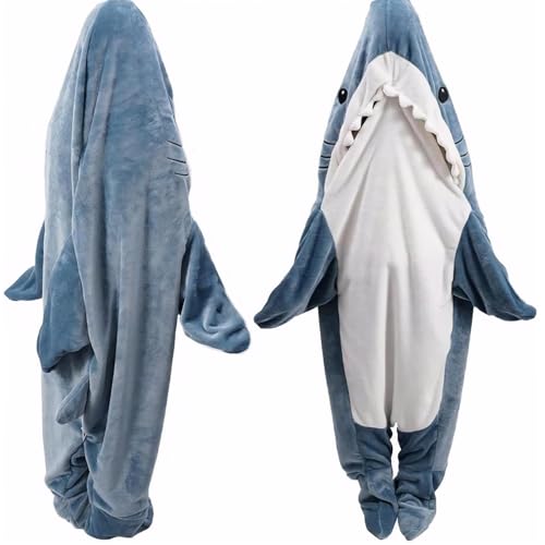 DDMY Shark Blanket Cozy Blanket Hoodie, XL Size Flannel Shark Onesie Wearable Blanket for Adult Cartoon Throw Blankets Cute Shark Sleeping Bag Funny Halloween Blanket Christmas Blanket Shark Costume