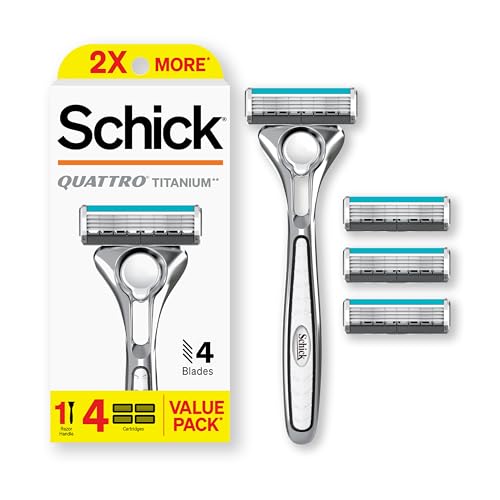 Schick Quattro Titanium Razor, 1 Razor Handle and 4 Cartridges | Shaving Razors for Men, 4 Blade Mens Razors for Shaving, Razor Blades for Men, 1 Handle with 4 Razor Blades Refills