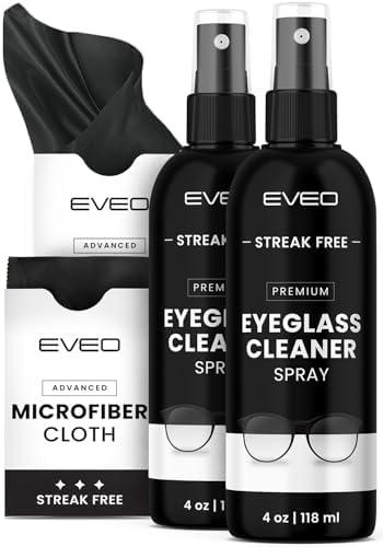 EVEO Eyeglass Cleaner Spray - Glasses Cleaner No Streaks Technology & Microfiber Cleaning Cloth - Glasses Cleaning Kit, Eye Glass Cleaners Spray Lens Cleaner - Screen & Eye Glasses Kit - 2 Pack