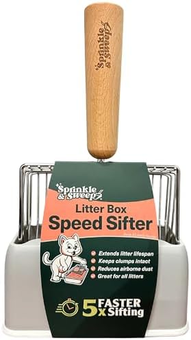 Sprinkle & Sweep Metal Cat Litter Scoop - Heavy Duty Litter Scooper & Speed Sifter with Comfortable Beech Wood Grip - Washable Convenient Stand for Easy and Efficient Cleaning