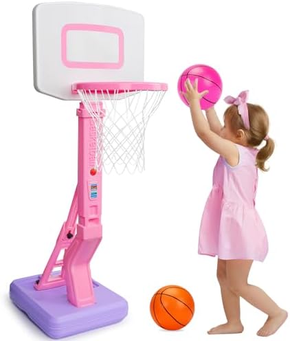 Toddler Pink Basketball Hoop Indoor Outdoor Backyard Poolside Basketball Hoop for Kids 1-3 4-8 Height Adjustable Girls Basketball Goal with Balls Toy for 1 2 3 4 Year Old Girl Birthday
