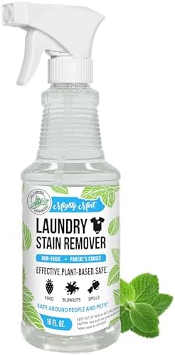 Mighty Mint Laundry Stain Remover, Parent’s Choice Non-Toxic Spray for Stains from Food, Drink, Grease, Natural Peppermint Scent, 16oz