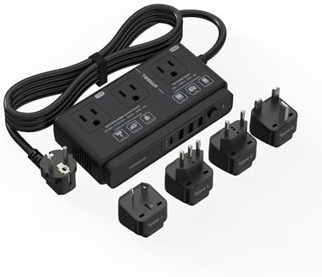 220V to 110V Converter, TESSAN Travel Voltage Converter with 4 USB Ports (1 USB C), 3 AC Outlet and EU UK AU IT Universal Travel Adaptor, Step Down Transformer Power Outlet Adapter Combo Black