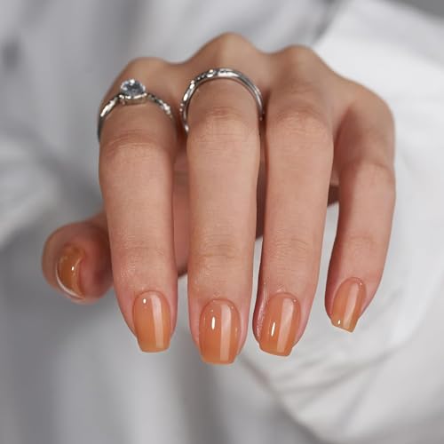 BTArtbox Press On Nails Short - Soft Gel Square Fake Nail with Nail Glue, Semi-Transparent Stick On Nails in 15 Sizes, Pumpkin Pie