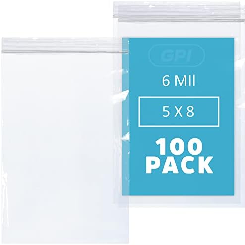 GPI - 6 Mil, Extra Heavy-Duty, 5" X 8" Clear Plastic Reclosable Zip Bags, Puncture-Resistant, Strong Resealable Poly Bags, With Lock Zipper Seal, For Screws, Nuts, Bolts & Constuction, 100 Count.
