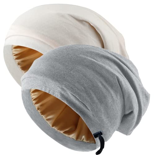 Silk Satin Bonnet Hair Wrap for Sleeping, 2 Pcs Adjustable Silk Bonnets for Women Men Sleep Cap Silk Lined Slouchy with Adjustable Strap Curly Hair Head Scarf Night Caps
