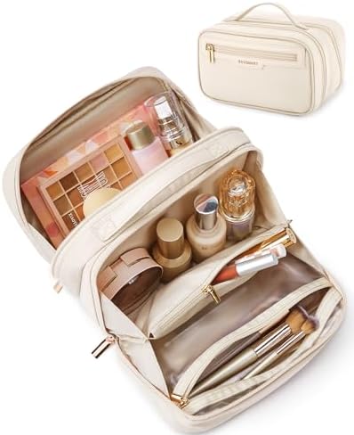 BAGSMART Travel Makeup Bag Large Capacity Cosmetic Bag, Wide-open Portable Make Up Bag Organizer for Women for Travel Essentials Travel-Size Toiletries Accessories Bottles, Brushes (Beige)