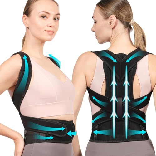 Adjustable Posture Corrector & Back Brace for Women and Men – Full Back and Shoulder Support with Breathable Mesh – Spine Alignment & Neck Pain Relief – Invisible Under Clothes (Black, Medium)
