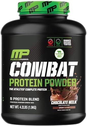 MusclePharm Combat Protein Powder, Chocolate Milk Flavor, Fuels Muscles for Productive Workouts, 5 Protein Sources Including Whey Protein Isolate & Egg Albumin, Gluten Free, 4.2 lb, 52 Servings