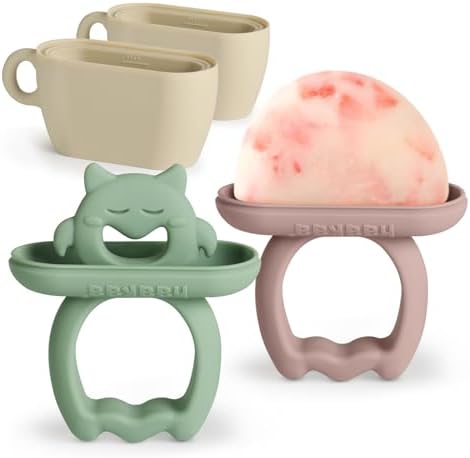 Haakaa Chilly Monster Popsicle Molds, Silicone Breastmilk Popsicle Molds for Baby Teething Relief, BPA Free Ice Pop Molds&Frozen Breast Milk Teether Popsicle Maker for Infant 6m+（Blush + Pea Green）