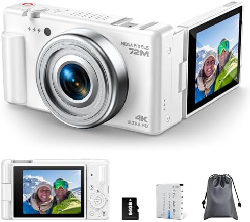 Digital Camera for Photography, 4K 72MP Autofocus Vlogging Camera, 2.8" 270° Flip Screen 18X Digital Zoom Compact Camera, Point and Shoot Digital Camera with 64GB TF Card & Battery, Carry Bag