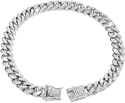 Tallew Dog Chain Diamond Collar Walking Metal Chain Necklace with Secure Buckle Pet Cuban Style Collar Jewelry Accessories for Small Medium Large Dog Cats(22 Inch,Silver)