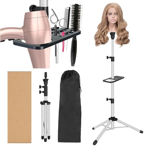Wig Stand Tripod 50 Inch Metal Wig Mannequin Head Tripod Stand For Hairdressing Training Head Adjustable Wig Tripod Stand with Tool Tray (Silvery, Mannequin Head Not Included)