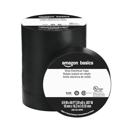 Amazon Basics Vinyl Electrical Tape, 3/4 in x 60 ft x 0.007in (19 mm x 18.3 m x 0.18mm), Black, 6-Pack (Previously AmazonCommercial Brand)