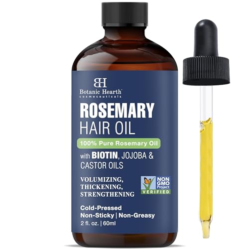 Botanic Hearth 100% Pure Rosemary Oil For Hair Growth Infused With Biotin | Hair Strenghtening Treatment | Nourishing & Volumizing | With Jojoba Oil & Castor Oil | Non GMO Verified | 2 fl oz, Blue