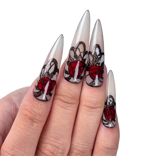 Euphrosyne Hand-Painted Stiletto False Nails - Press On Nails, Antique Bronze Red Rose, Reusable & Semi-Transparent, Handcrafted Artisan Nails - 10pcs