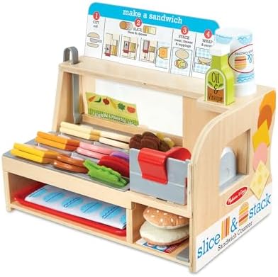 Melissa & Doug Wooden Slice & Stack Sandwich Counter with Deli Slicer – 56-Piece Pretend Play Food Pieces