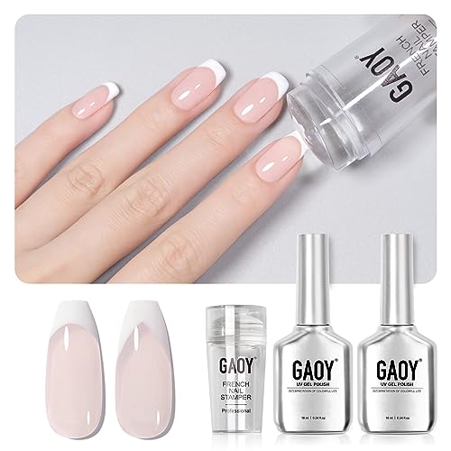 GAOY French Manicure Kit, Nail Stamper and 2Pcs Gel Nail Polish, Include Nude Jelly Milky Pink White Colors for French Tip, UV Light Cure