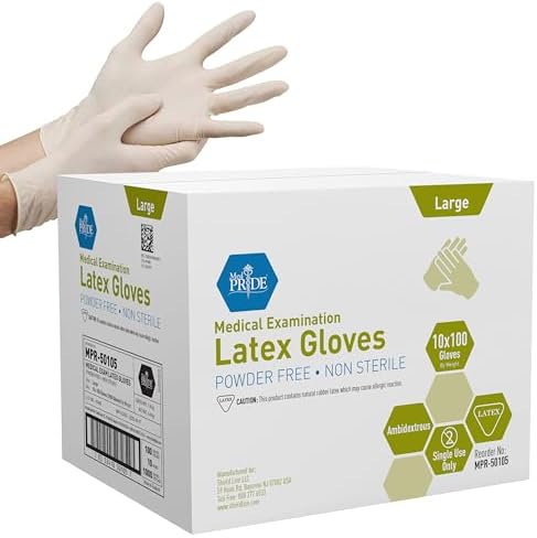 MED PRIDE Medical Latex Examination Gloves (Large, 1000-Count) Ultra-Strong 5 mil Thick, Disposable Powder-Free Gloves for Healthcare & Food Handling Use