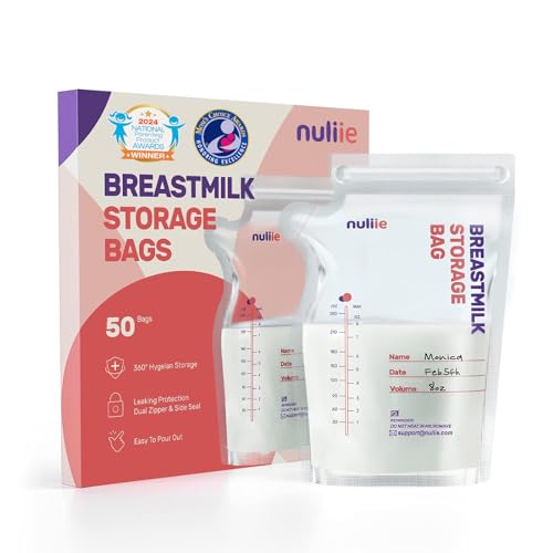 Nuliie 50 Pcs Breastmilk Storage Bags, 8 OZ Breast Milk Storing Bags, BPA-Free, Milk Storage Bags with Pour Spout for Breastfeeding, Self-Standing Bag, Space Saving Flat Profile