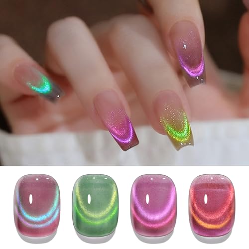 Born Pretty Cat Magnetic Eye Gel Nail Polish, Firefly Aurora Gel Polish with Magnet, Green Pink Purple Glassy Glitter Holographic Cat Magnetic Eye Gel Nail Polish for Nail Art Manicure Salon DIY 4PCS
