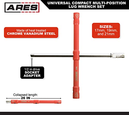 ARES 57000 – 26-Inch Universal Multi-Position Lug Wrench Set - 17mm, 19mm, and 21mm Socket Ends – Unique ½-Inch Drive Socket Adapter End – Compact Design with Storage Pouch