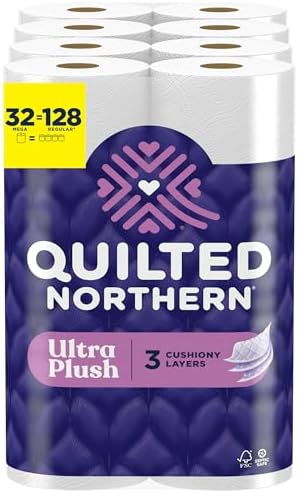 Quilted Northern Ultra Plush Toilet Paper, 32 Mega Rolls = 128 Regular Rolls, 3X Thicker*, 3 Ply Soft Toilet Tissue