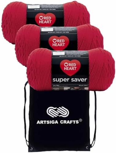 Red Heart Super Saver Hot Red E300-390 (3-Skeins - Same Dye Lot) Worsted Medium #4 Acrylic Yarn for Crocheting and Knitting with Project Bag