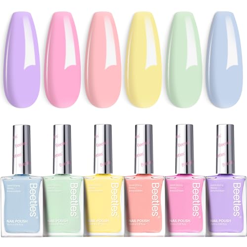 Beetles Pastel Nail Polish Set -6 Colors Pink Blue Yellow Nude Pink Purple Nail Polish Set Quick Dry Finger Nail Polish DIY Air Dry Nail Art Salon Home Pastel Reverie Gift for Women