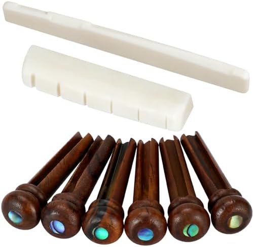 Blisstime 6 String Acoustic Guitar Bone Bridge Saddle and Nut and 6pcs Rosewood Guitar Bridge Pins