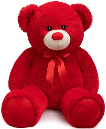 Big Teddy Bear Stuffed Animal Giant Teddy Bear Plush with Red Ribbon Bow Valentine's Day Plush Toy Gift for Girlfriend Bride 36 inch Red