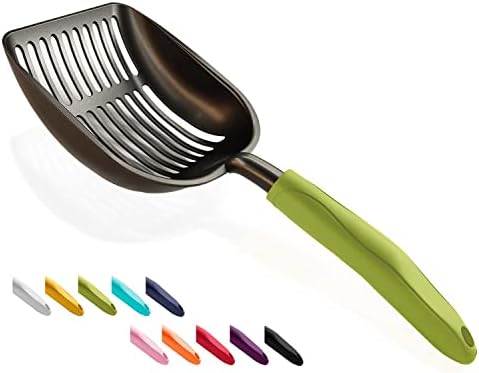 WePet Cat Litter Scoop, Non-Stick Plated Aluminum Alloy Sifter, Kitty Durable Metal Scooper, Deep Shovel, Long Handle, Kitten Pooper Lifter, Size Large, Coated Black Body with Green Handle