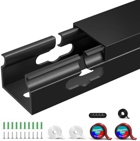Cable Raceway - Magnetic Cable Management Under Desk with Upgraded Aesthetic Large Hole, Cord Organizer Kit for Hiding Computer, Gaming Desk, Network, Power Cord, TV - 4PCS 4x15.7in Black