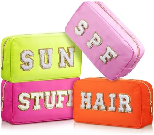 Cunno 4 Pcs Preppy Makeup Bags Chenille Letter Stuff Bag Nylon Cosmetic Pouch Cases with Zipper for Women Travel Toiletry