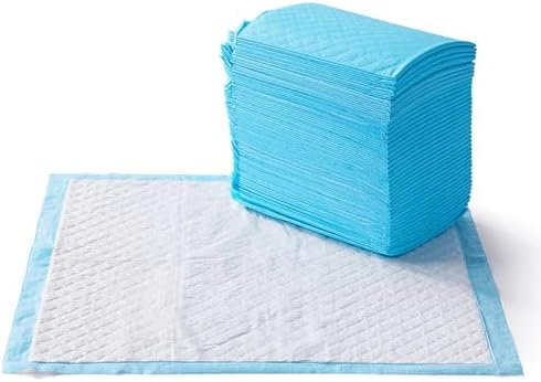 Amazon Basics Leakproof, Absorbent, Disposable Puppy Pads for Potty Training, Heavy Duty Absorbency, Regular Size, 24 x 23 Inches, Pack of 50, Blue & White
