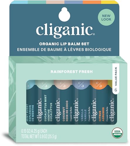 Cliganic Organic Lip Balm Set (4 Packs of 6 Tubes), 100% Natural Moisturizer for Cracked & Dry Lips (Packaging May Vary)