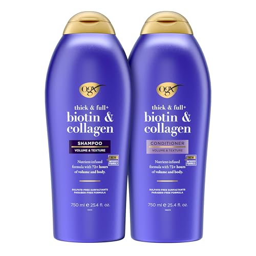 OGX Thick & Full + Biotin & Collagen Extra Strength Volumizing Shampoo + Conditioner with Vitamin B7 & Hydrolyzed Wheat Protein for Fine Hair, 25.4 oz Pack of 2