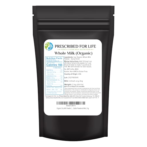 Prescribed For Life Organic Dry Milk Powder, USDA Grade A Whole Milk rBST & rBGH Free, Non GMO, Kosher, Shelf Stable Whole Milk Powder (2kg / 4.4lb)