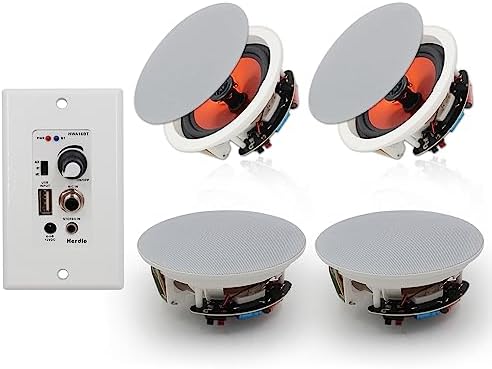 Herdio 6.5'' Bluetooth in Wall in Ceiling Speakers 600W 2-Way Flush Mount Speakers System with Wall Amplifier Receiver for Home Theater Office Bathroom(2Pairs, Paintable-Grille)