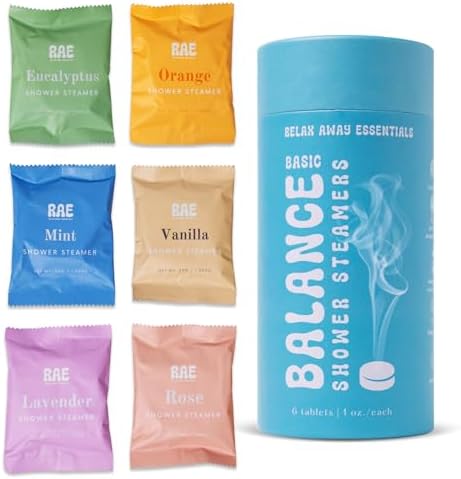 Relax Away Balance Shower Steamers 6 Pack - Aromatherapy Tablets - Essential Oils - Orange, Vanilla, Rose, Eucalyptus, Lavender, Mint - Spa-Like Shower Experience - Easy-Open Packaging