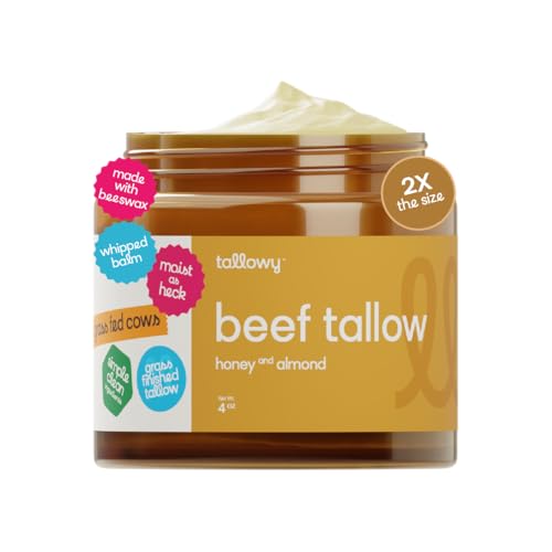 Whipped Beef Tallow Balm, 4oz, 100% Grass Fed Grass Finished, Face Moisturizer & Body Cream, Beef Fat Lip Balm & Natural Honey Lotion for Sensitive Skin (4oz, Honey Almond)