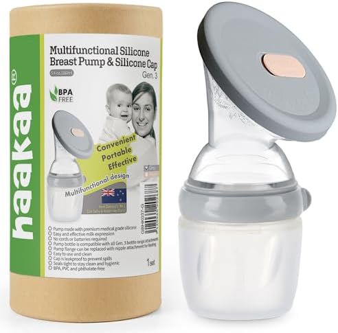 haakaa Gen.3 Manual Breast Pump with Silicone Lid Multifuctional Silicone Breast Pump Breast Milk Collector Breast Milk Catcher Breast Milk Saver Breastfeeding Essentials, BPA Free (5.4oz/160ml, Grey)