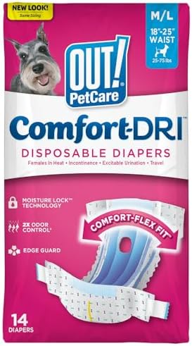 OUT! Petcare Disposable Dog Diapers for Female Dogs, Dog Heat Diapers, Female Dog Period Pads, Female Doggy Diaper for Peeing, Pet Diapers for Small Pets,18”-25” Waist, Medium/Large – 14 Count