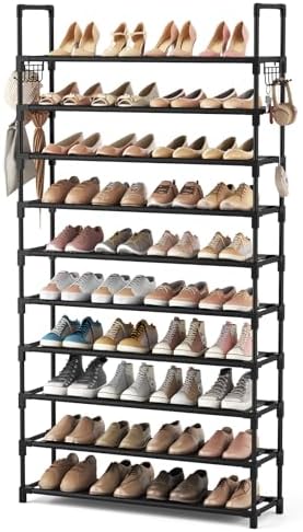 VTRIN 10 Tiers Shoe Rack Tall Large Capacity 50 Pairs Wide Shoe Organizer Sturdy Shoe Shelf for Entryway with Two Hooks Metal Shoe Storage for Closet, Bedroom, Black