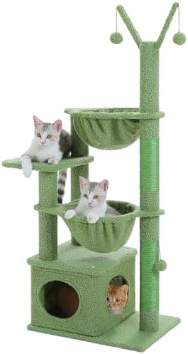 Cactus Cat Tree, 47.6" Cat Tower with 2 Metal Frame Hammock, Cat Scratching Post for Indoor Cats with 2 Removable Pompom Sticks for Kittens, Green