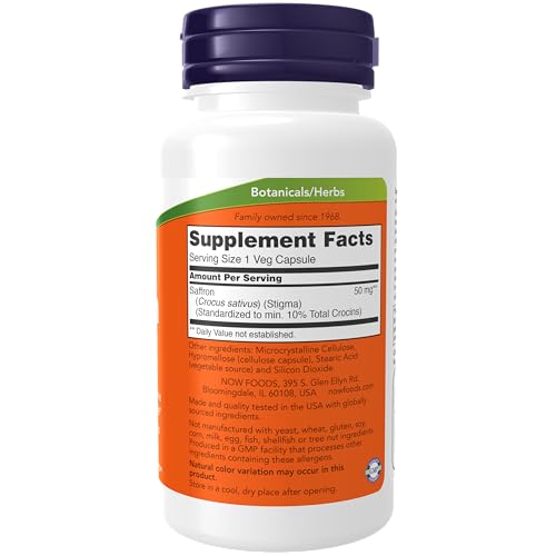 NOW Supplements, Saffron Whole Herb 50 mg with 10% Crocins, 60 Veg Capsules with Microcrystalline cellulose, hypromellose (cellulose capsule), stearic acid (vegetable source) and silicon dioxide