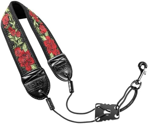 KUWAN Saxophone Neck Strap Soft Sax Leather strap Padded for Alto Sax Tenor Clarinet Baritone Soprano Horn Music Instrument (1, red flowers)